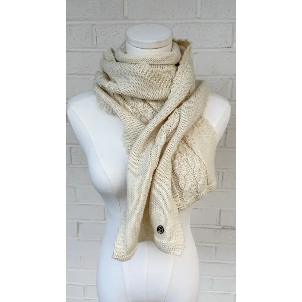 Etienne Aigner Cream Cable Knit Scarf Classic Winter Knit Ribbed Edge Logo